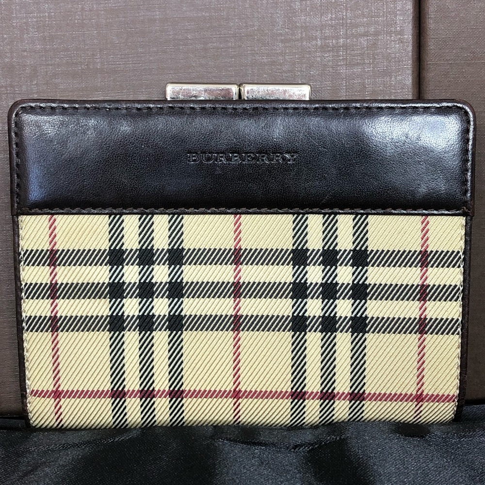 BURBERRY Nova Check Compact Brown Leather and Canvas Kisslock Wallet